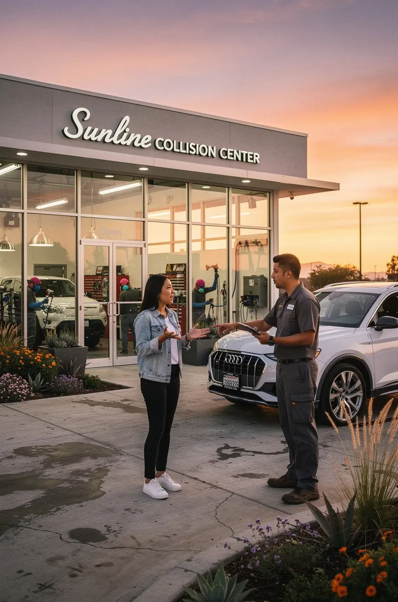 Customer discussing insurance claim details with service advisor at Los Angeles auto body shop.