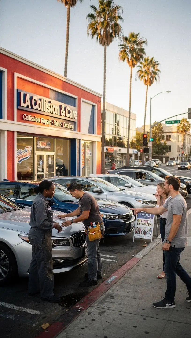 Wide view of Los Angeles collision center featuring multiple vehicles undergoing body repair.