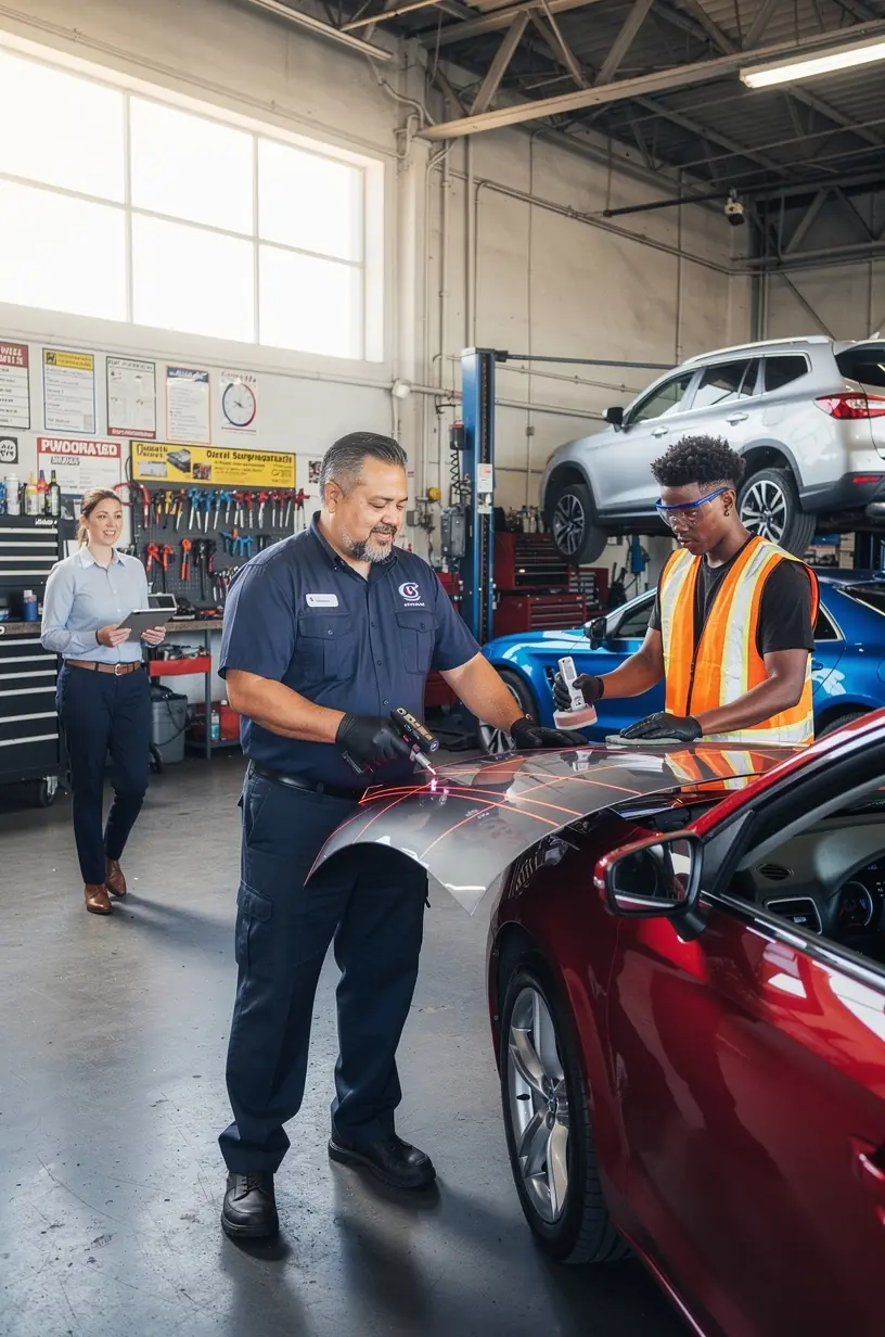 Close-up of professional applying fresh paint to car body at repair shop in Los Angeles.